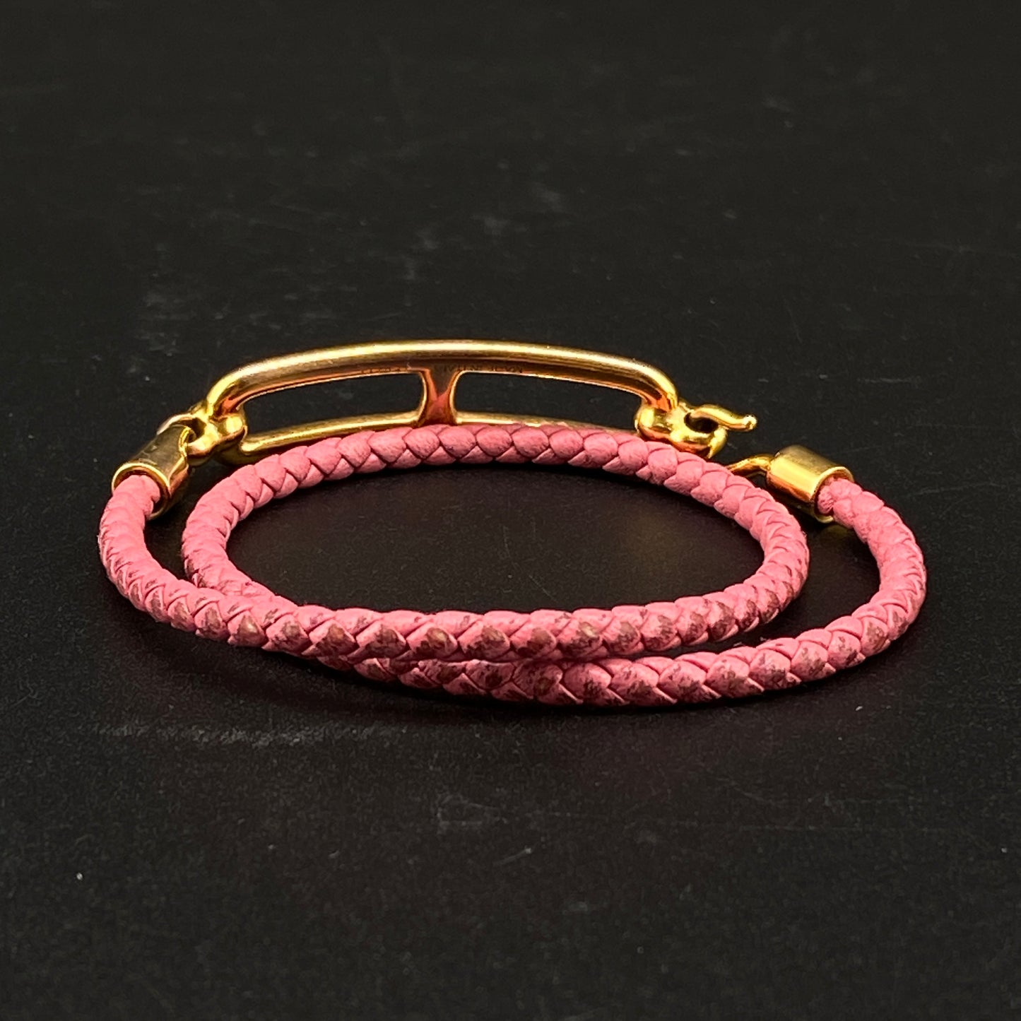 Hermes Pink Braided Leather Gold Buckle Bracelet