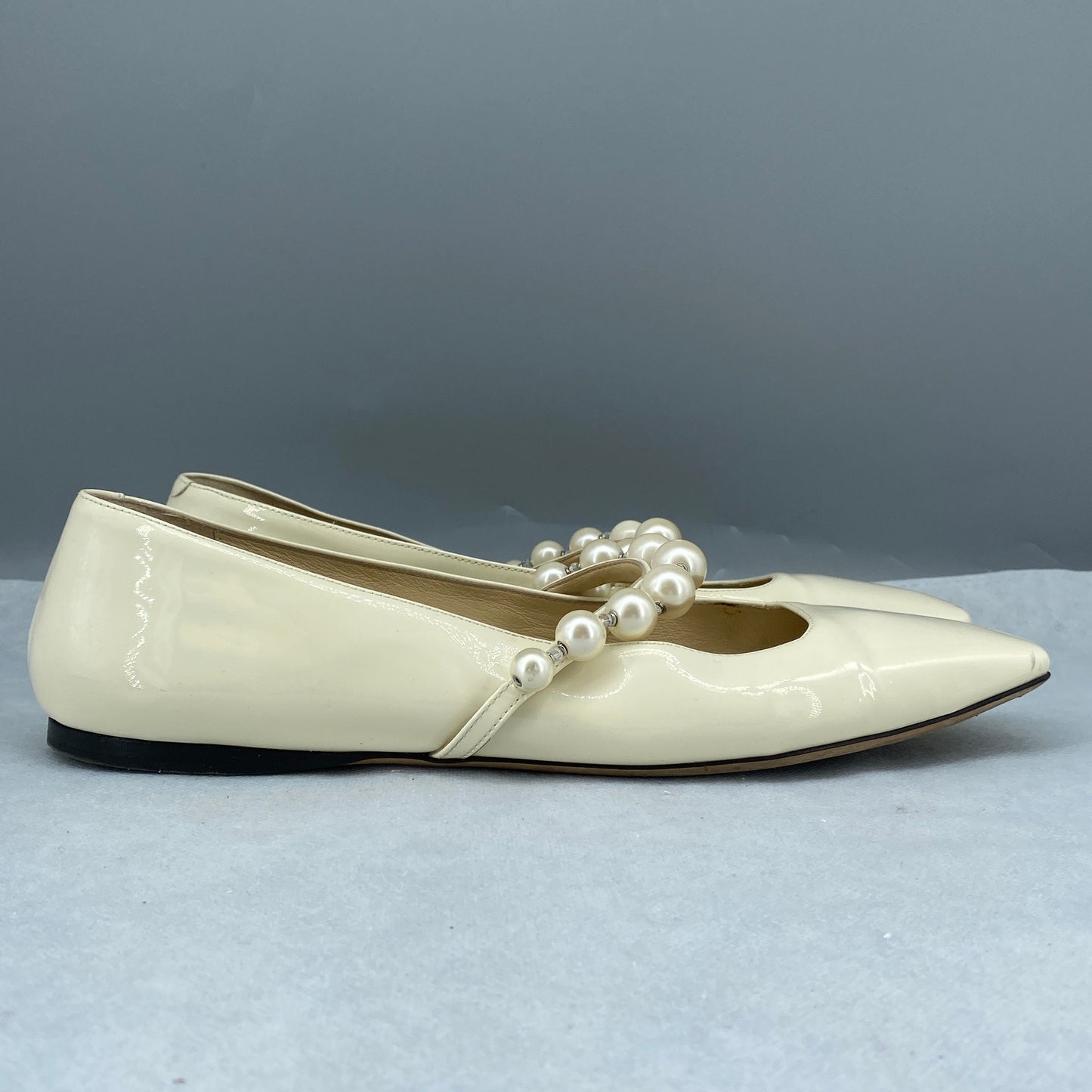Jimmy Choo Pearl Strap Patent Flat Shoes Size 41 Cream