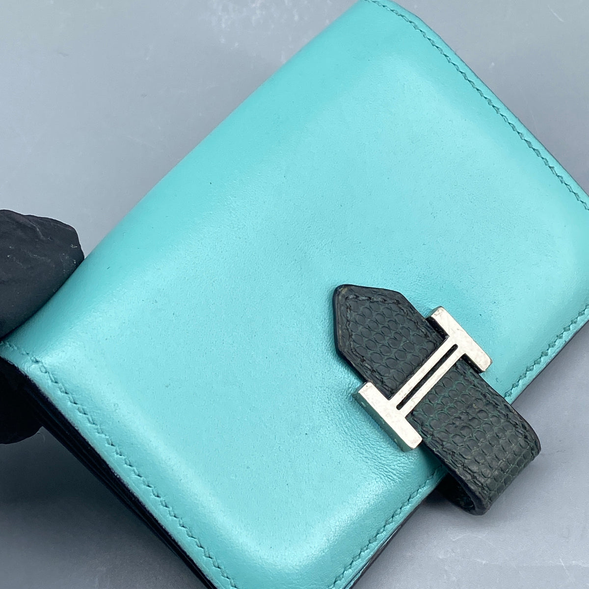 Hermes Bearn Compact card holder Tiffany Blue with Lizard leather strap