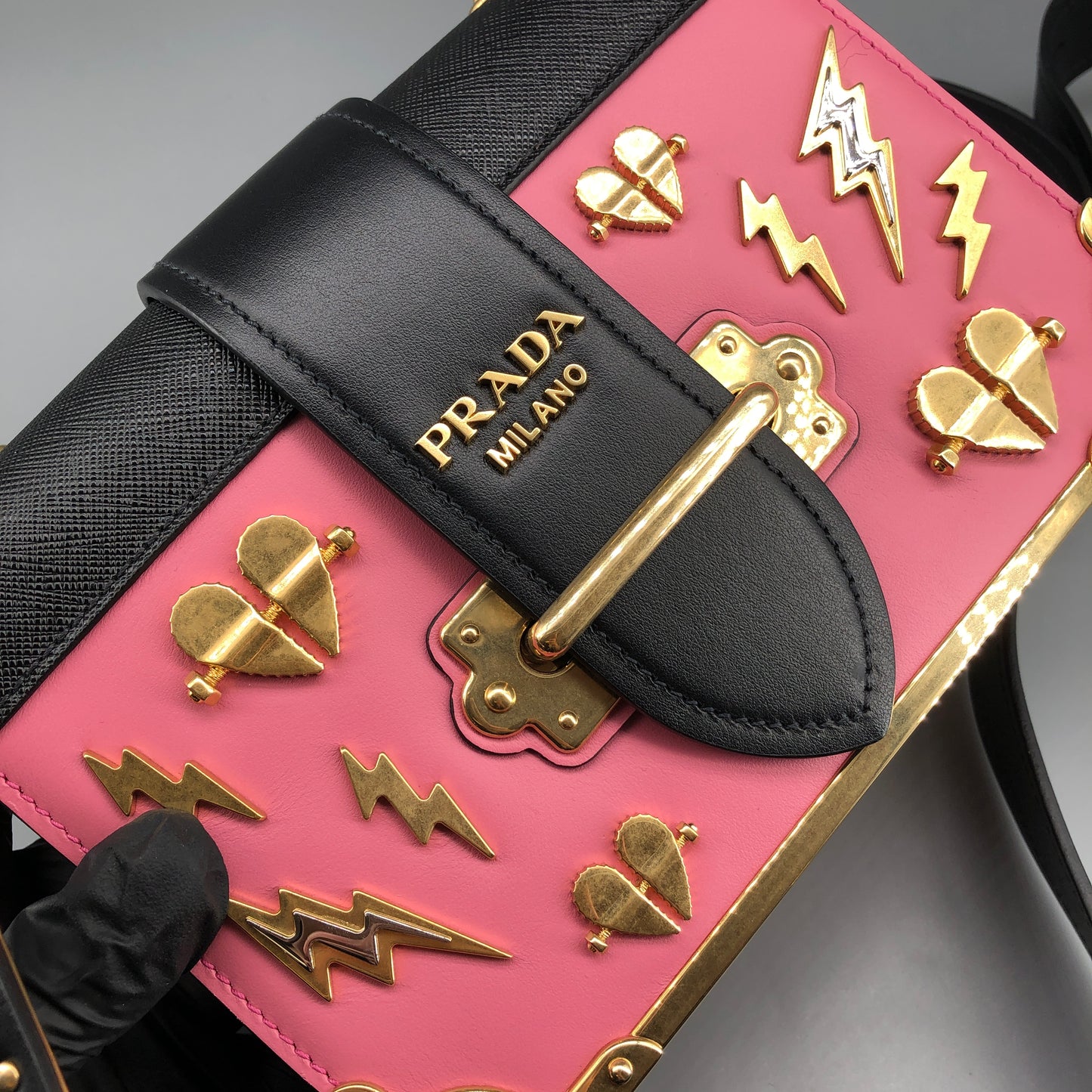 Prada Cahier Studded Leather Crossbody Shoulder Bag Pink Black