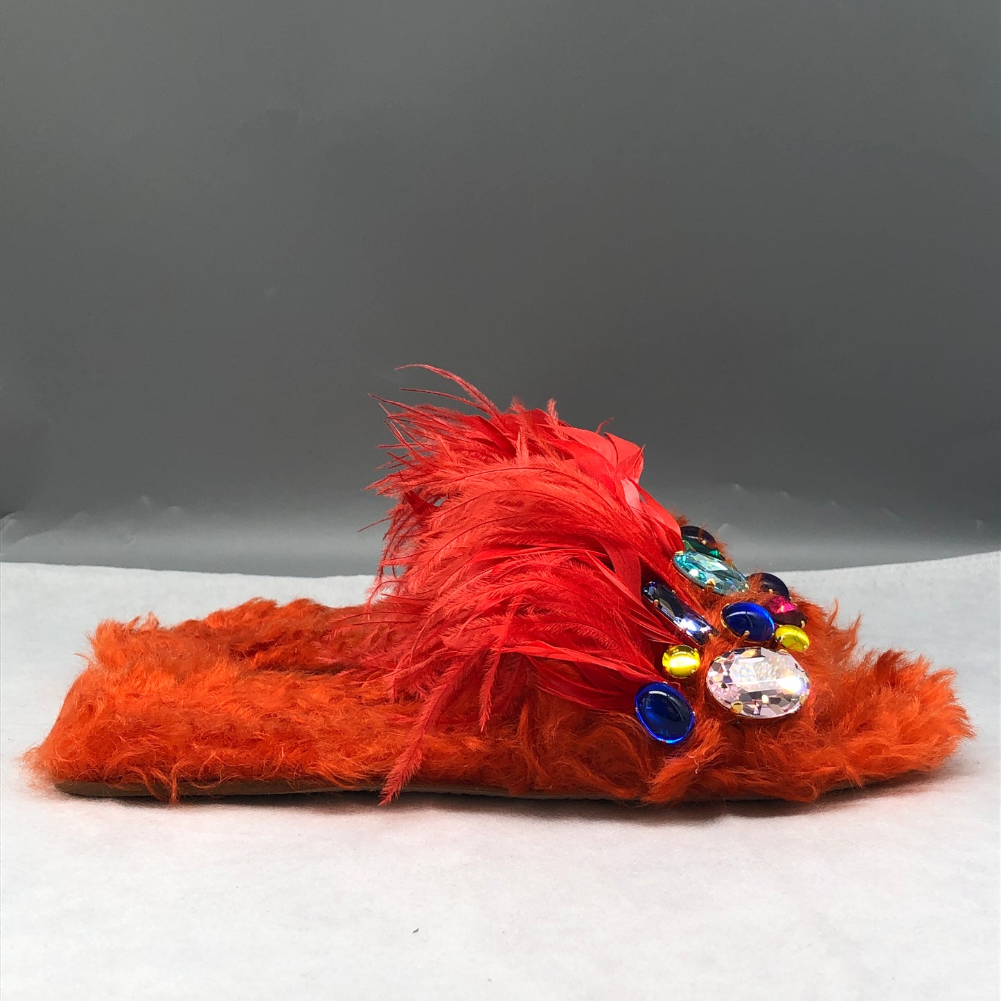 Miu Miu Orange Fur Feather Crystal Slide Sandals Size 37.5