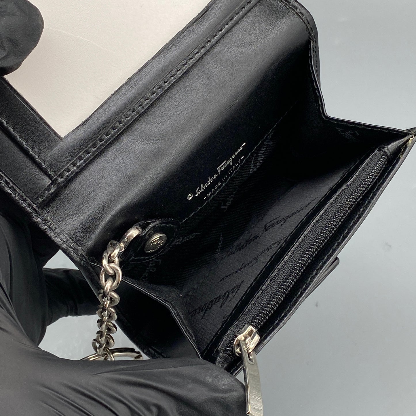 Ferragamo Black Embossed Gancini Short Wallet with Keyring