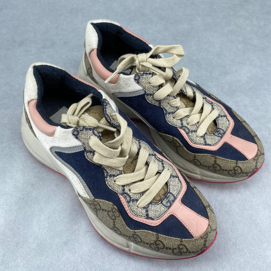 Gucci Women's Beige GG Supreme Canvas Navy Hot Pink Patchwork Lace-Up Chunky Sneakers Size 37.5