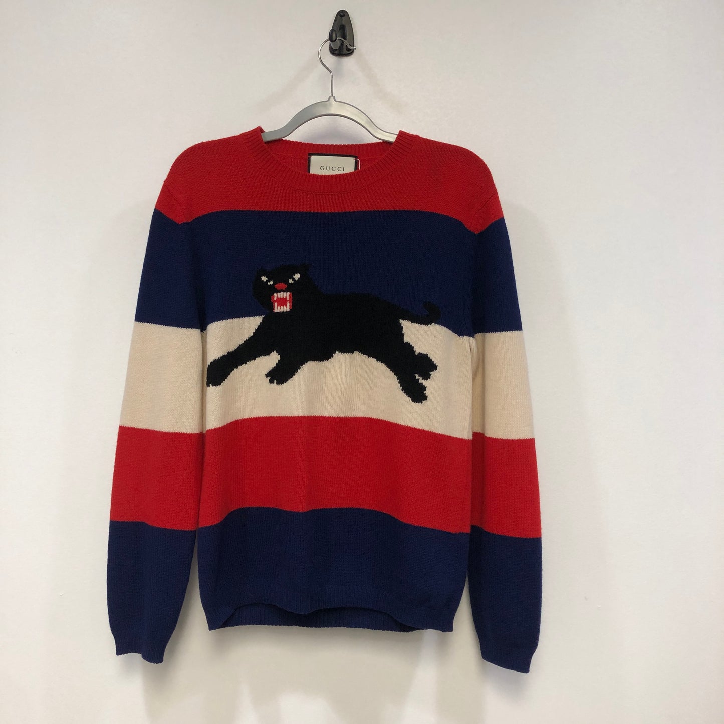 Gucci Red Blue Beige Striped Black Panther Crewneck Knit Sweater Size S
