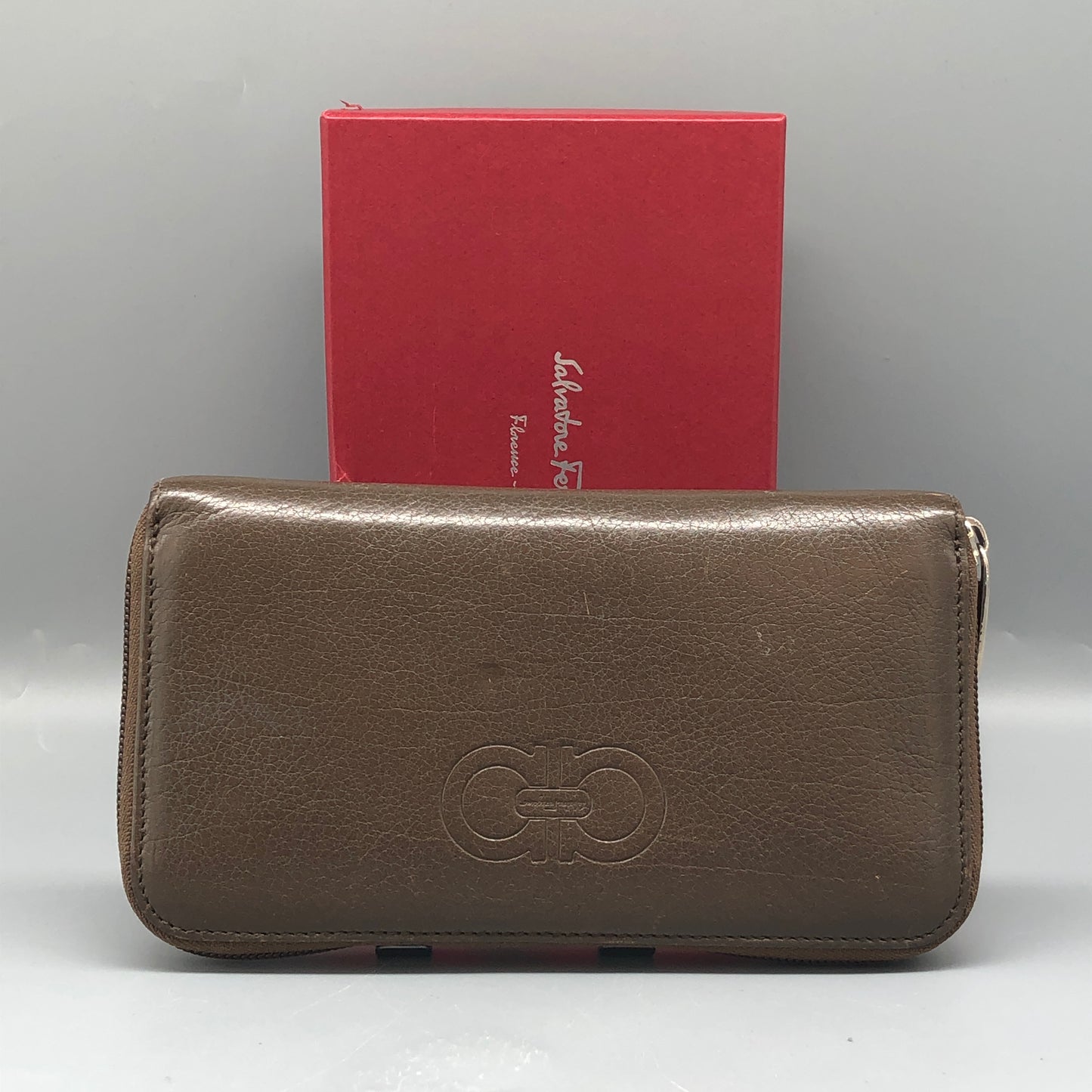 Ferragamo Taupe Brown Leather Zip-Around Long Wallet