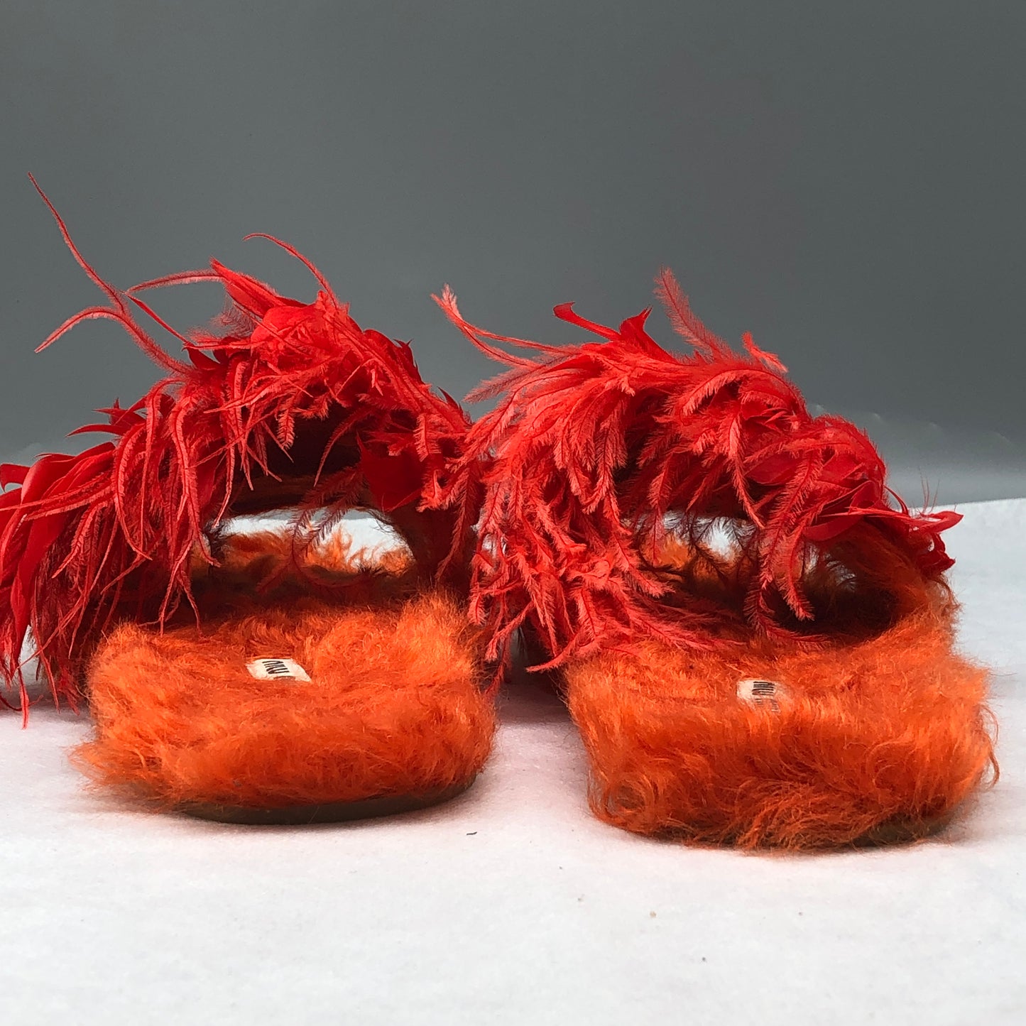 Miu Miu Orange Fur Feather Crystal Slide Sandals Size 37.5