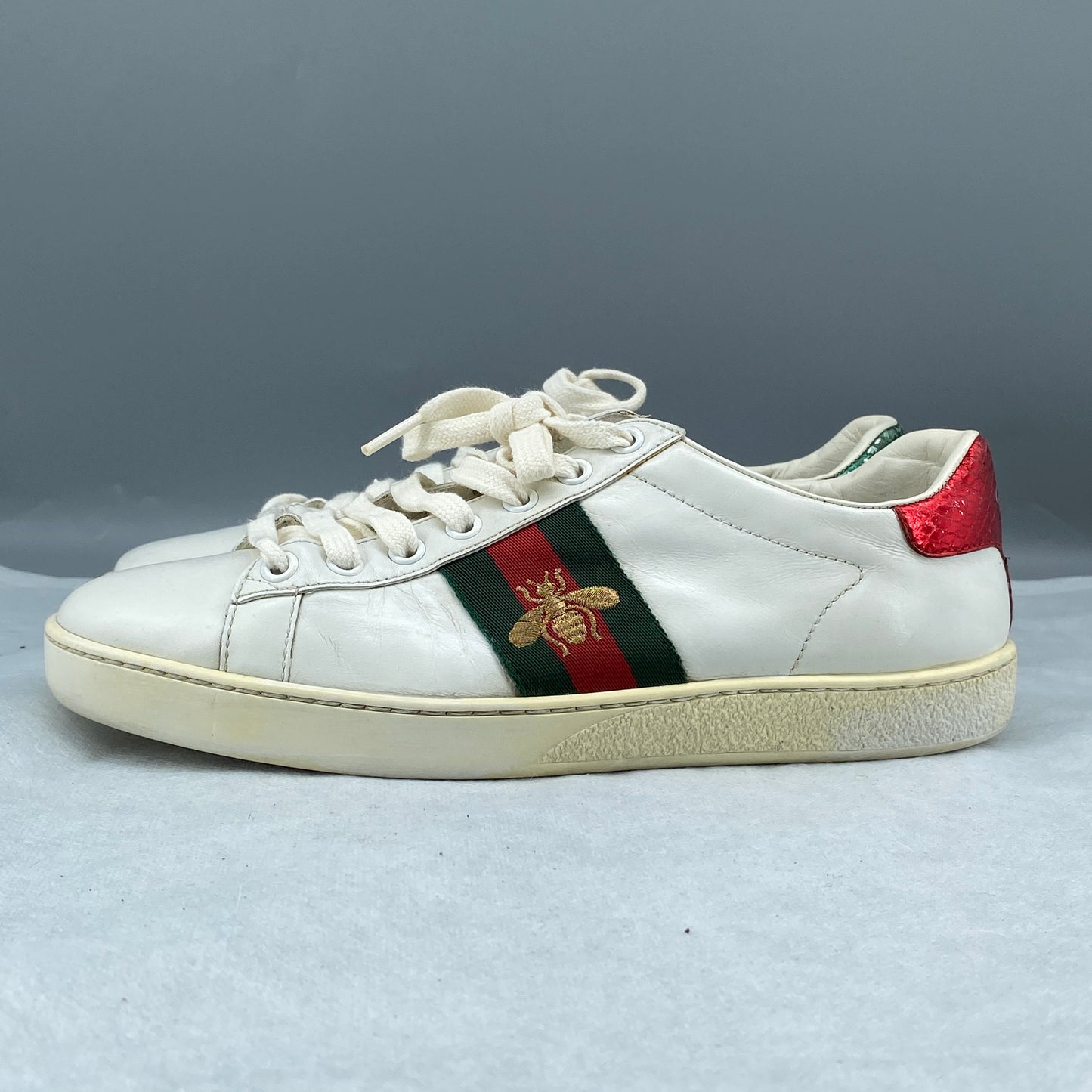 Gucci Women's White Leather Web Stripe Bee Embroidery Ace Low Top Sneakers Size 36.5