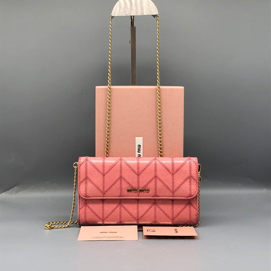 Miu Miu Pink Quilted Leather Chain Wallet / Crossbody Bag