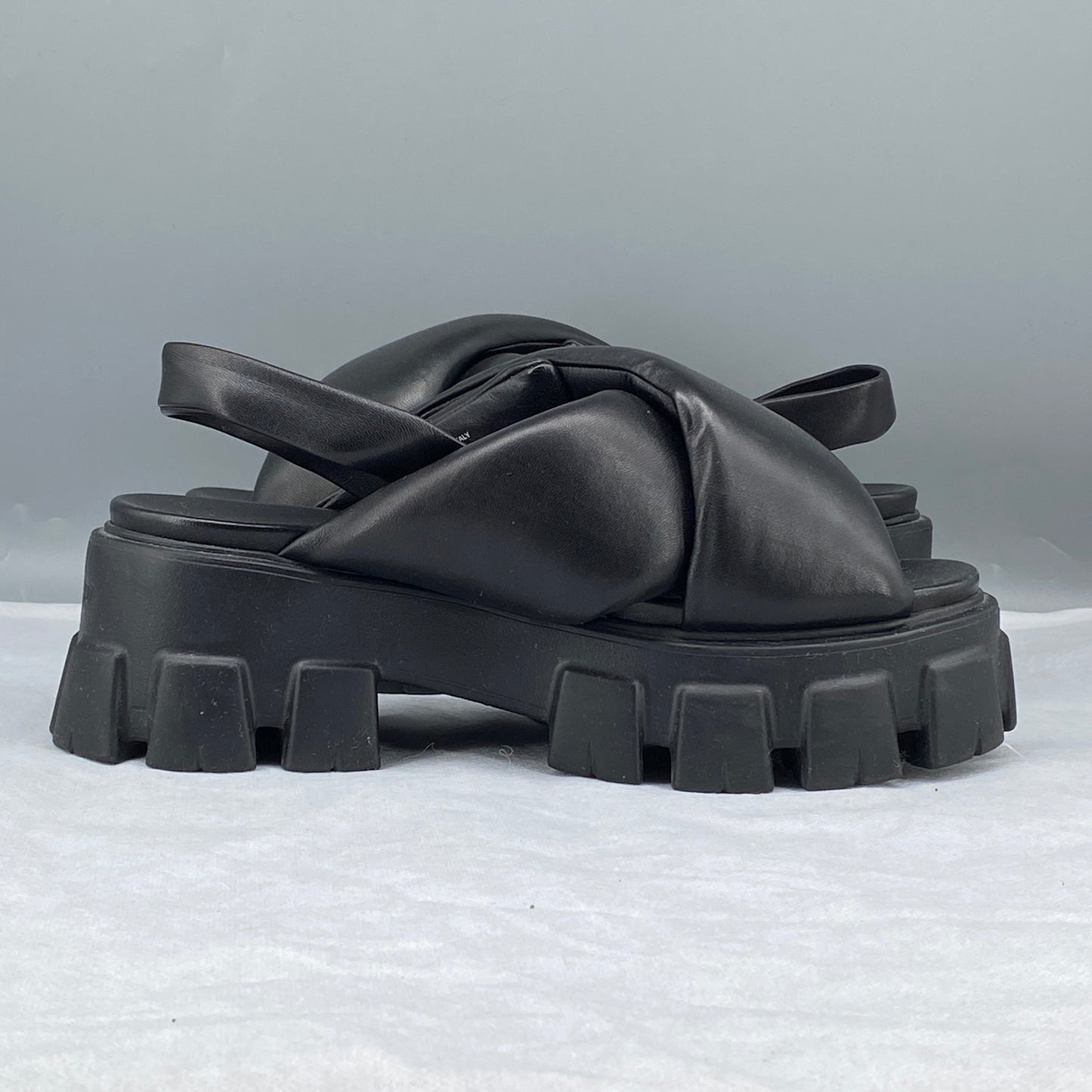 Prada Women's Black Leather Cross Strap Lug Sole Back Strap Platform Sandals Size 38