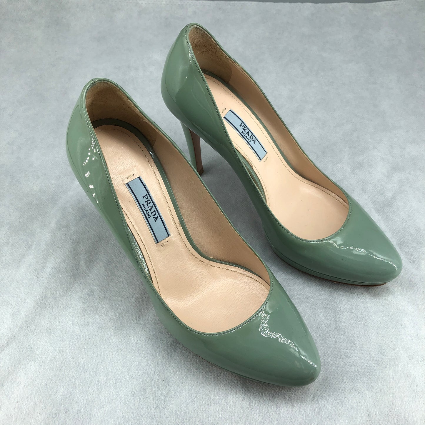 Prada Mint Green Patent Leather Platform Pointed Toe High Heels 35
