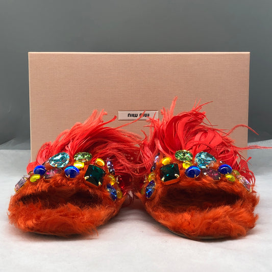 Miu Miu Orange Fur Feather Crystal Slide Sandals Size 37.5