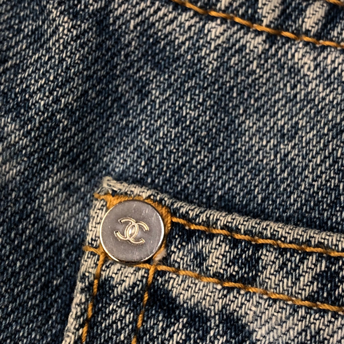 Chanel Denim Blue Straight Leg Denim Pants Stitched CC Pattern Size 36