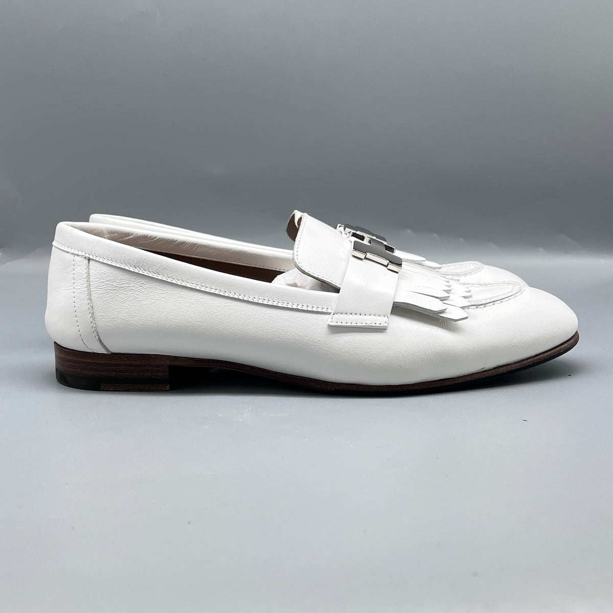 Hermes White Leather Women Fringe Loafers Size 36.5