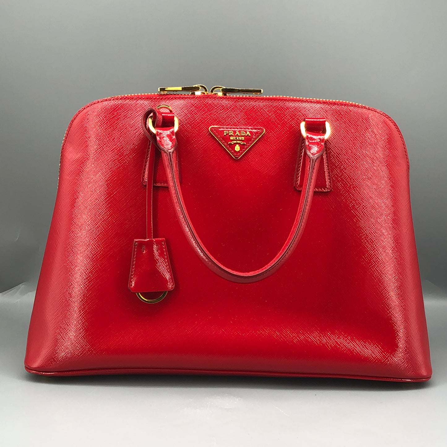 Prada Vernice Saffiano Promenade Dome Satchel Bag Red
