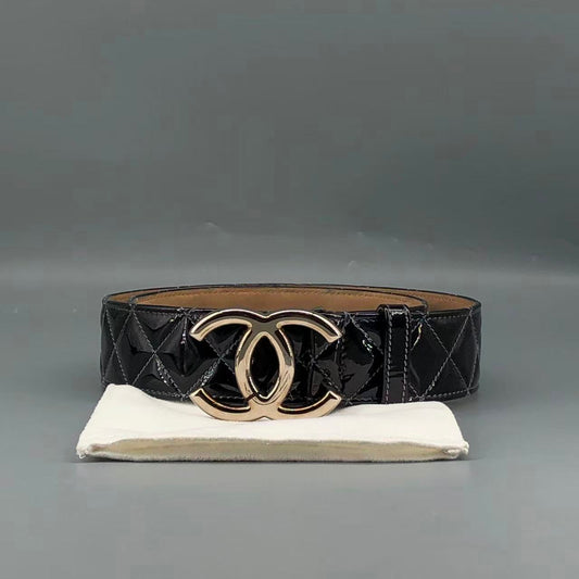 Chanel Black Quilted Patent Leather Belt with Gold-Tone CC Buckle