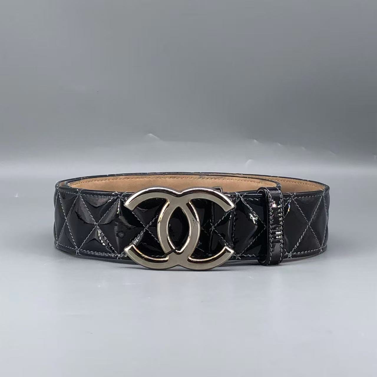 Chanel Black Quilted Patent Leather Belt with Gold-Tone CC Buckle