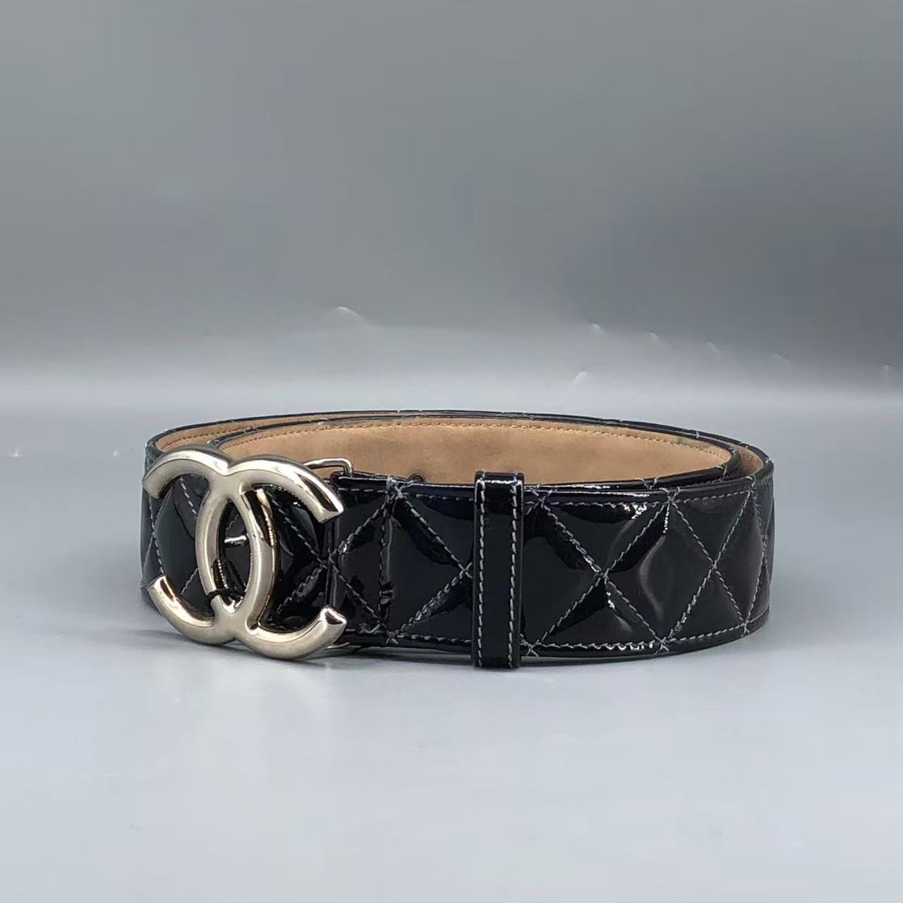 Chanel Black Quilted Patent Leather Belt with Gold-Tone CC Buckle