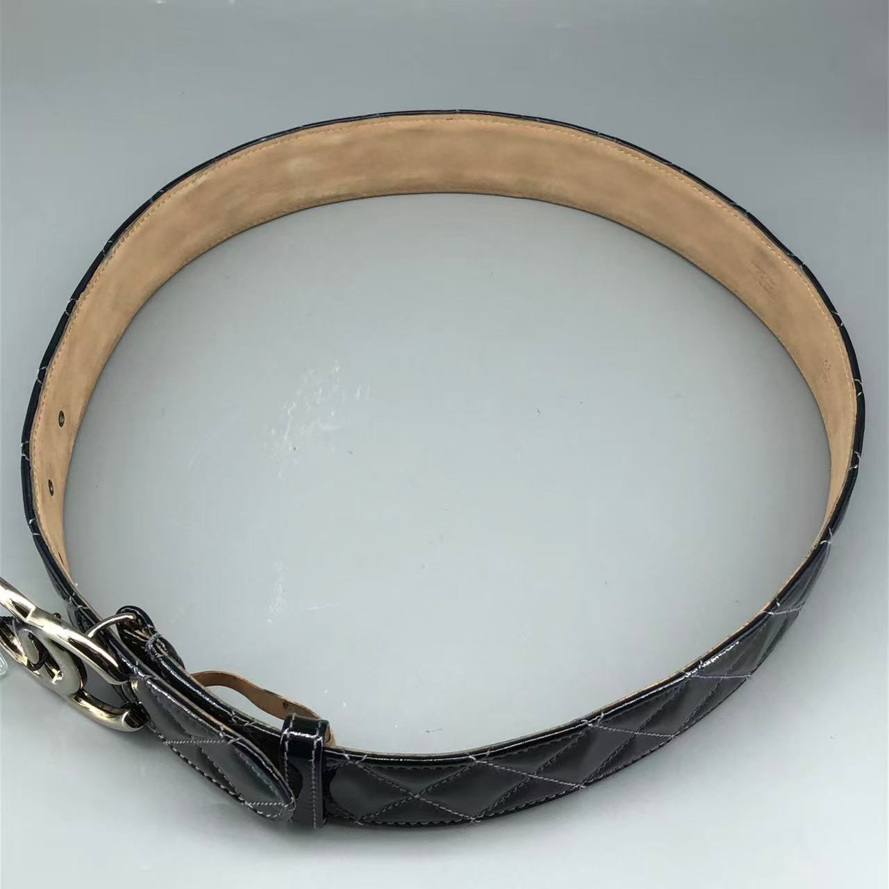 Chanel Black Quilted Patent Leather Belt with Gold-Tone CC Buckle