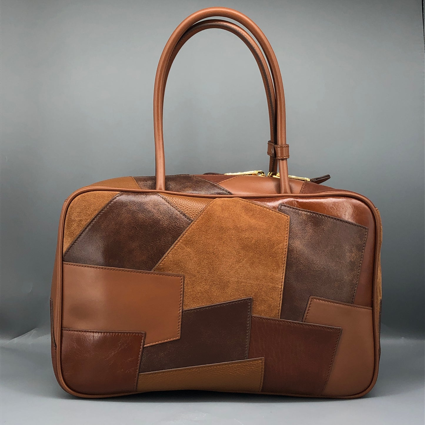 Miu Miu Nappa Patchwork Medium Beau Top Handle Bag Cognac