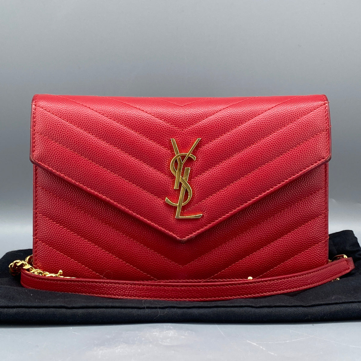 Saint Laurent Matelasse Chevron  Envelope Chain Wallet New Red