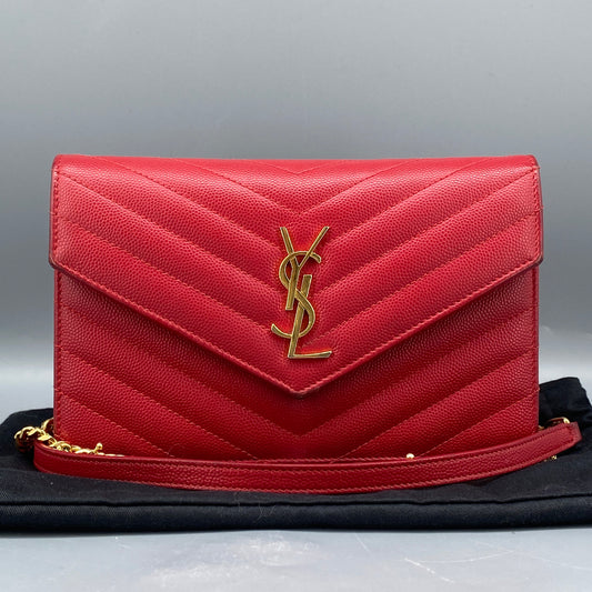 Saint Laurent Matelasse Chevron  Envelope Chain Wallet New Red