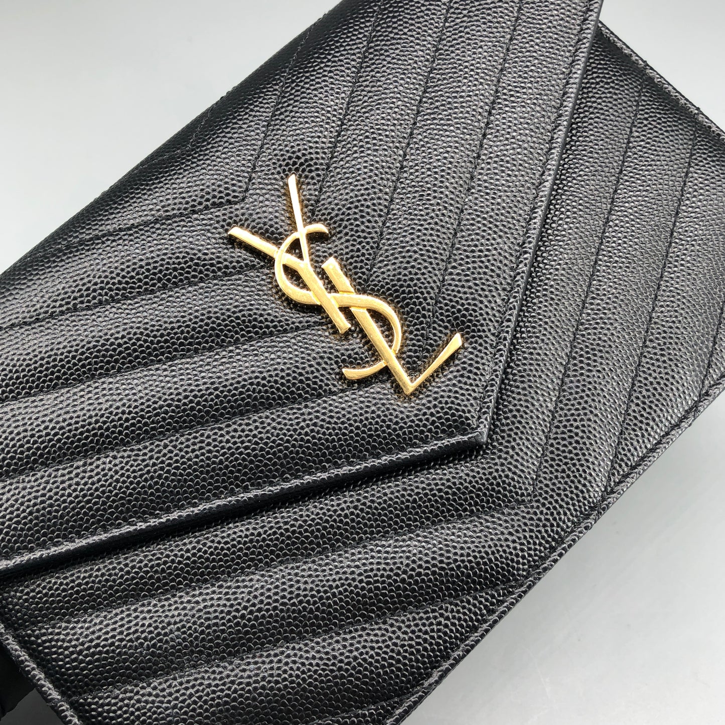 Saint Laurent Envelope Chevron Grain Leather Chain Shoulder Bag Black