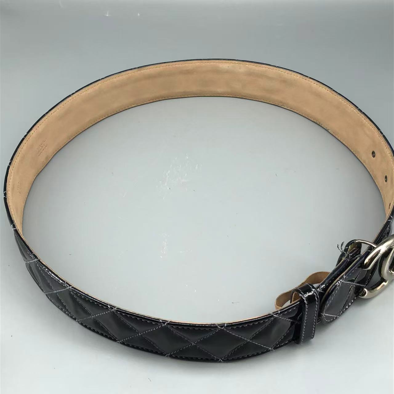 Chanel Black Quilted Patent Leather Belt with Gold-Tone CC Buckle