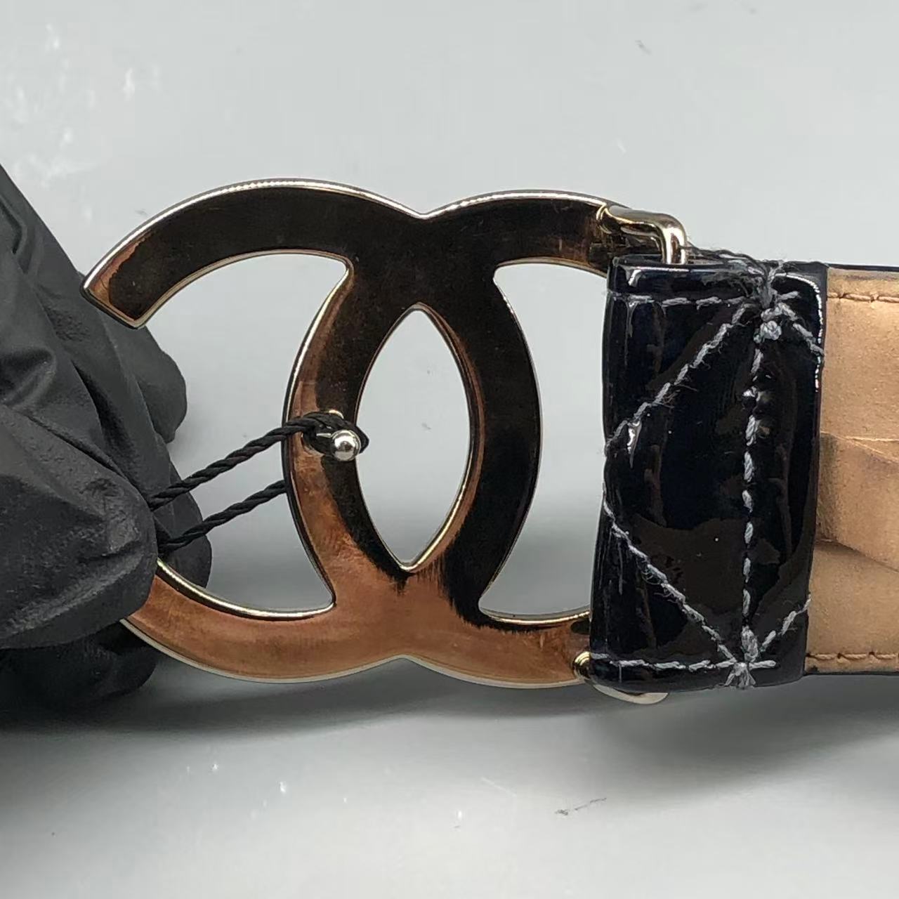 Chanel Black Quilted Patent Leather Belt with Gold-Tone CC Buckle