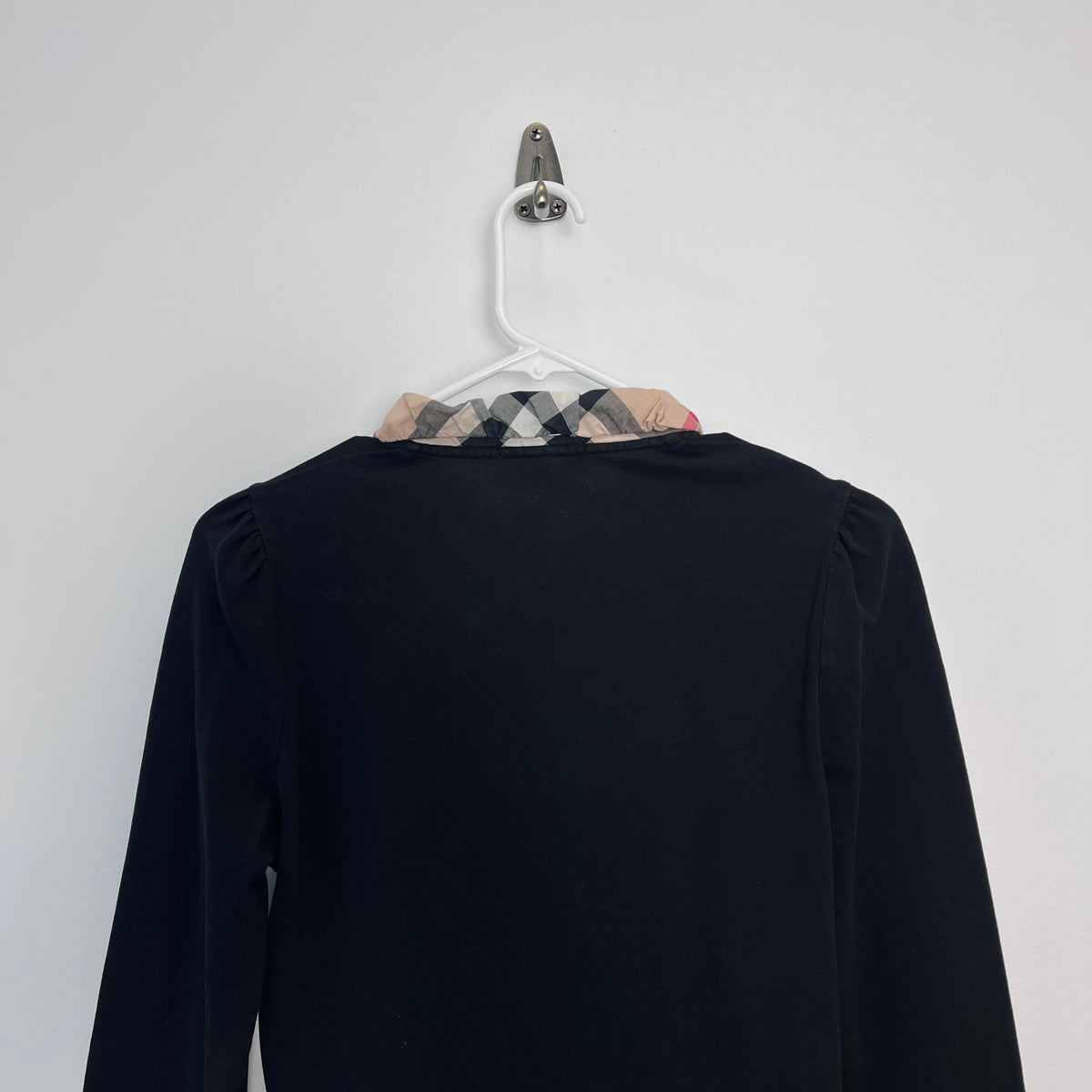 Burberry Black Long Sleeve Polo Shirt Check Ruffle Colla Size M