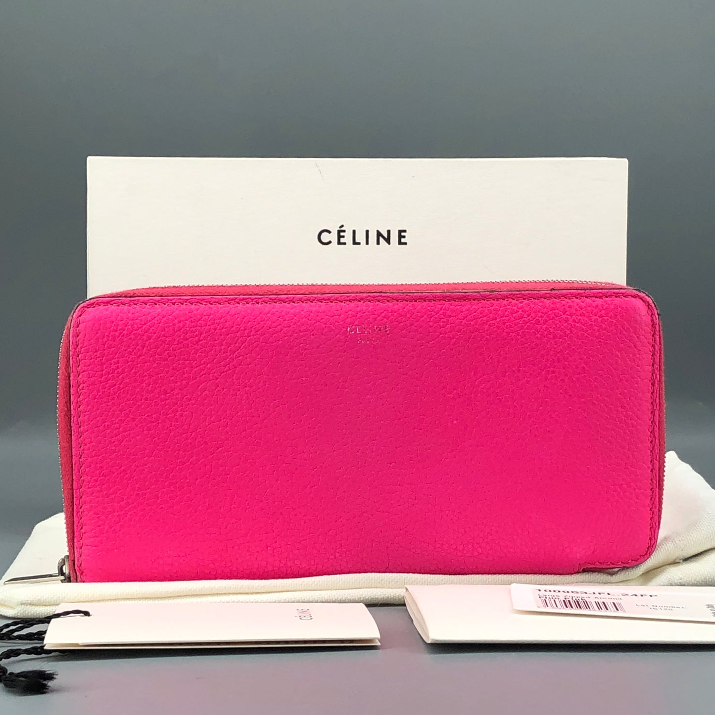 Celine Hot Pink Grained Leather Zip-Around Long Wallet