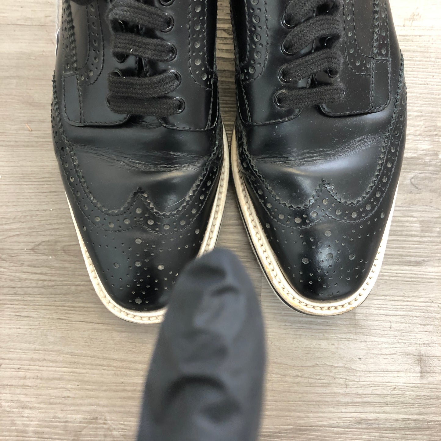Prada Brogue Leather Platform Low Top Sneaker Shoes 37.5 Black White