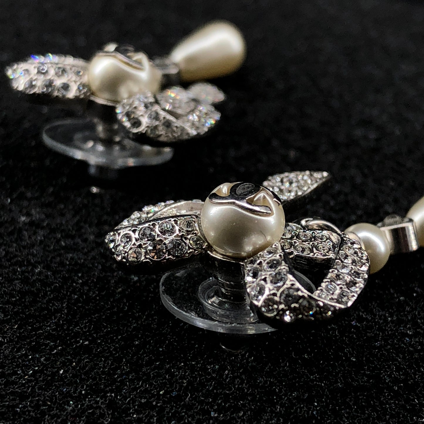 Chanel 2021 Silver-Tone Crystal & Pearl Bow Drop Earrings