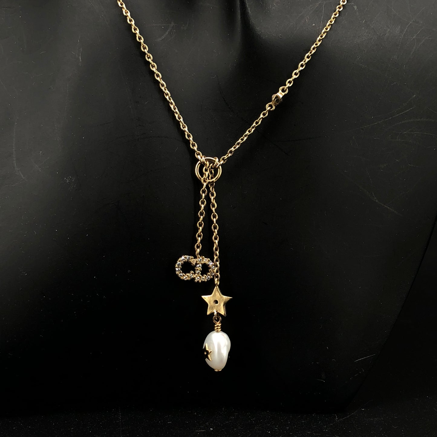 Christian Dior Vintage CD Logo Baroque Pearl Crystal Pendant Necklace