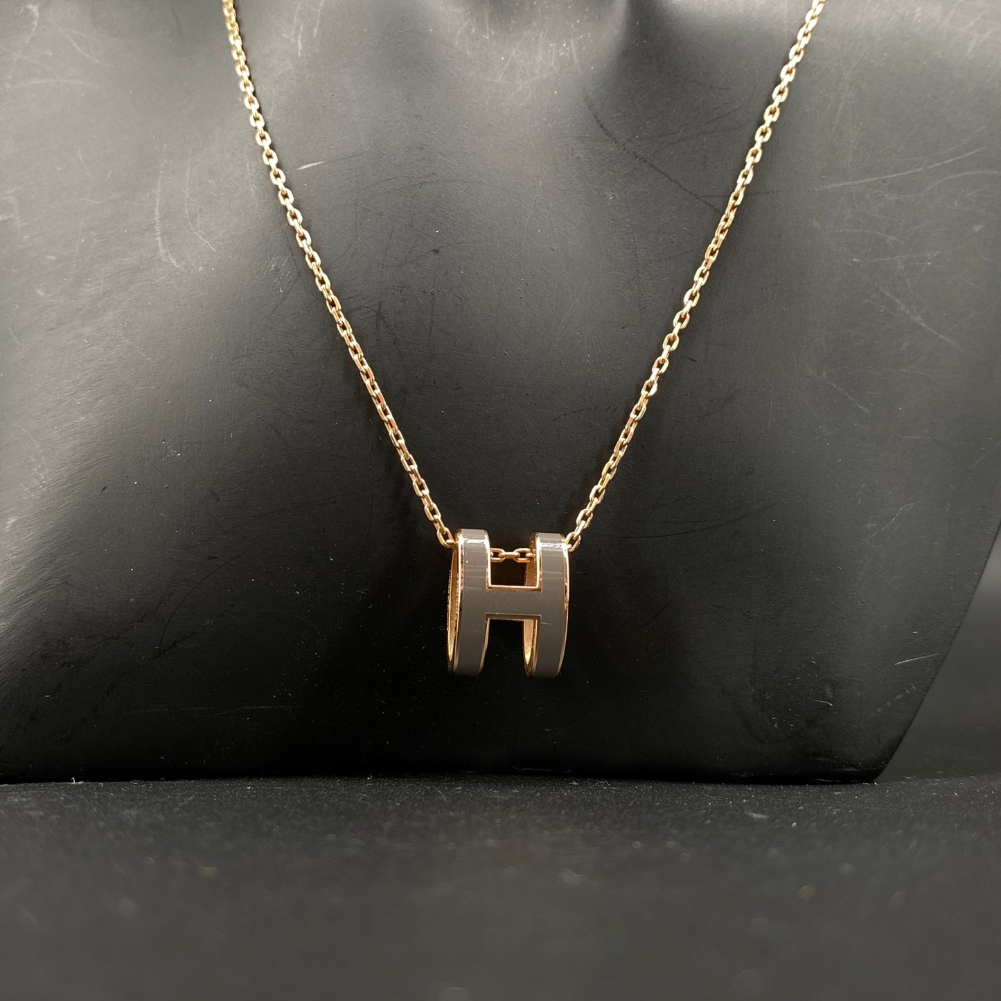 Hermes Grey Enamel Gold H Pendant Necklace