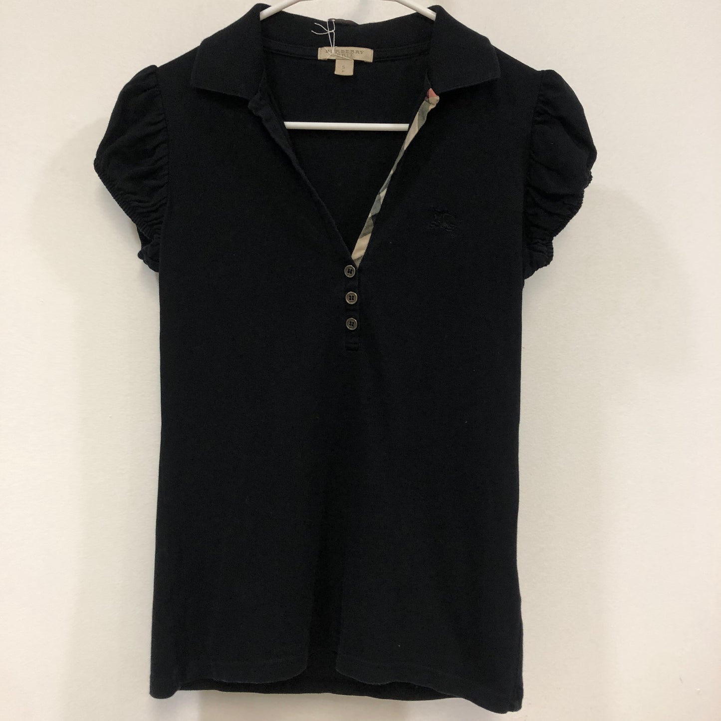 Burberry Horse Embroidery Ruched Sleeve Zip Polo T-Shirt Size S Black