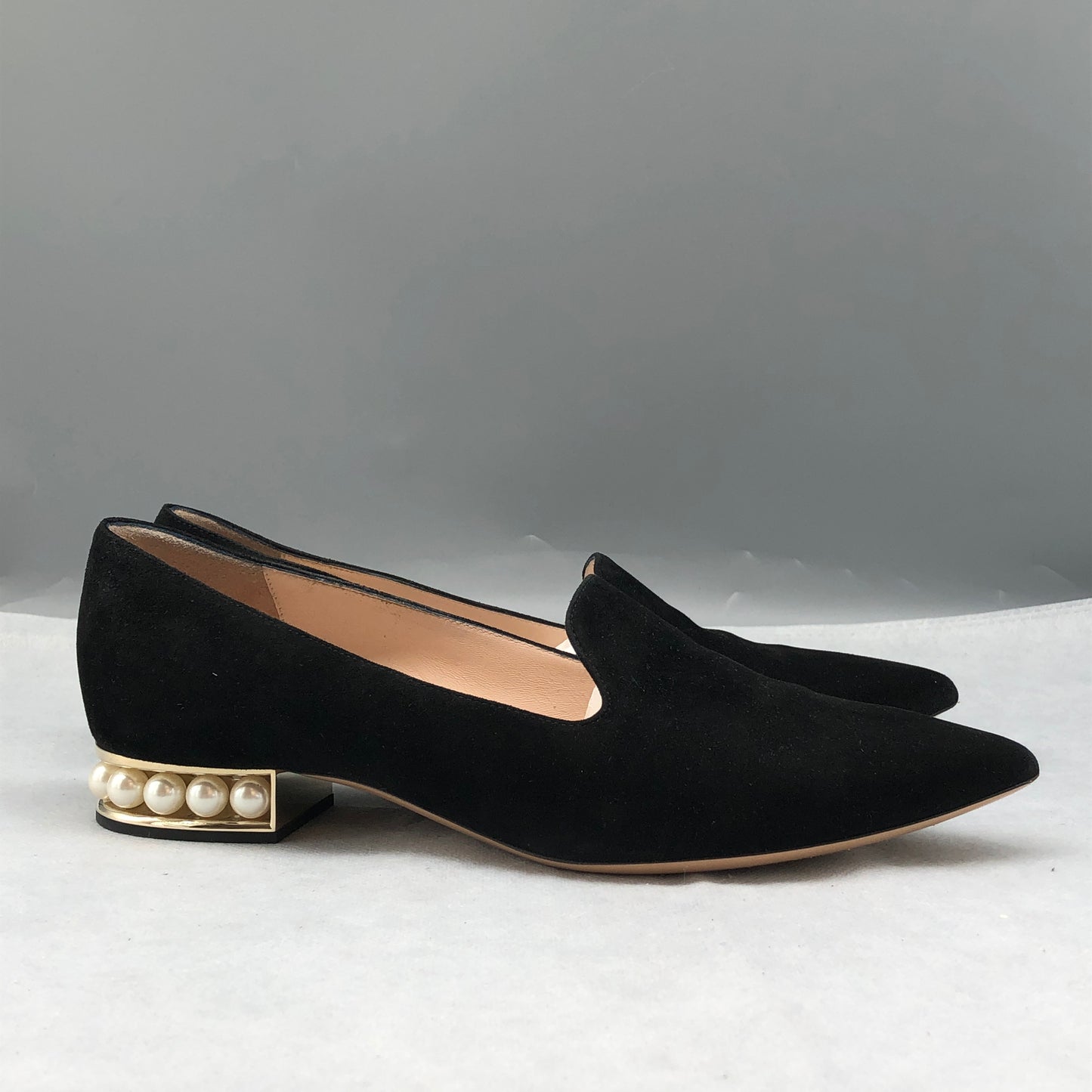 Nicholas Kirkwood Black Suede Pearl Heel Loafers Women's Shoes Size 37.5