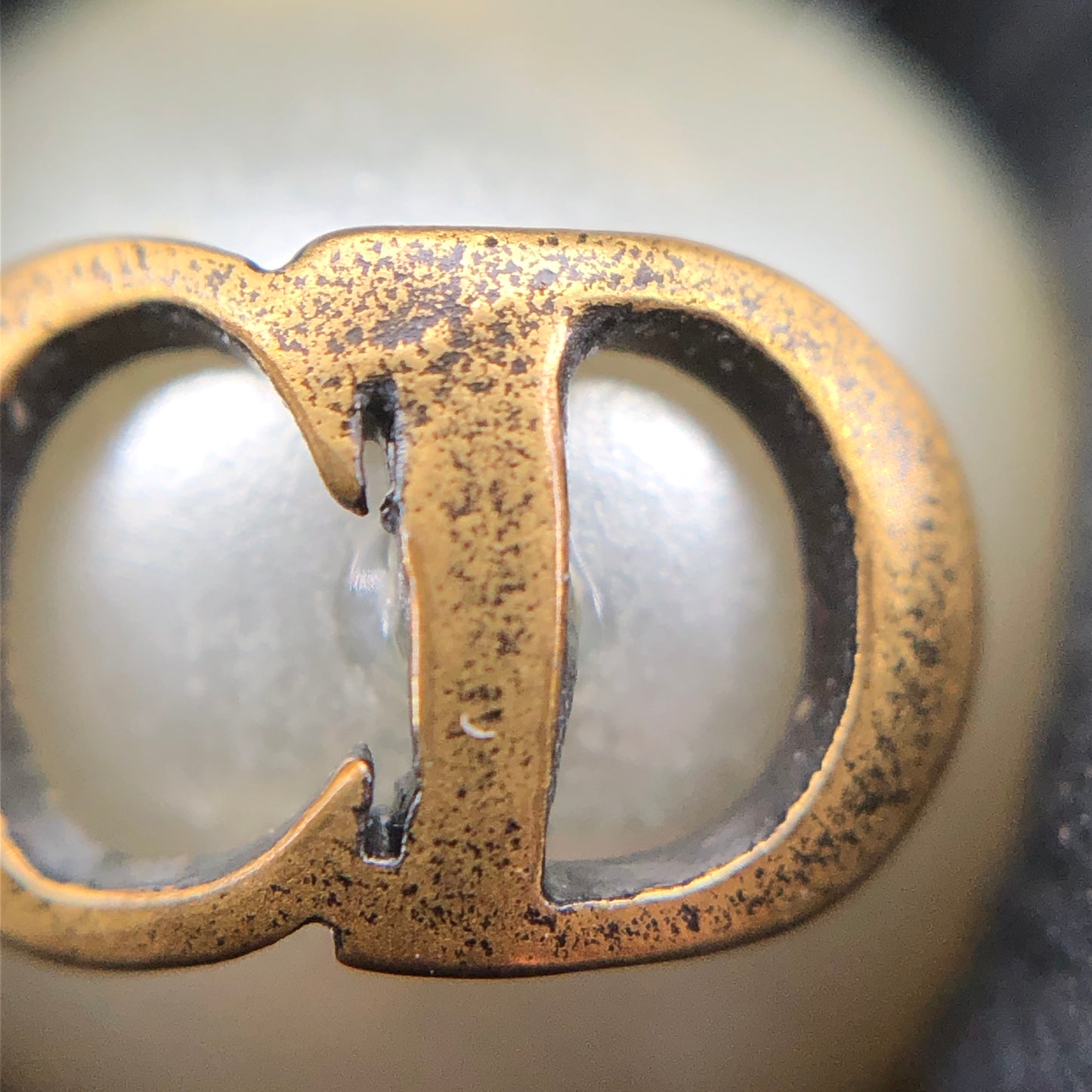 Christian Dior Gold Metal CD Logo Pearl Hoop Earrings
