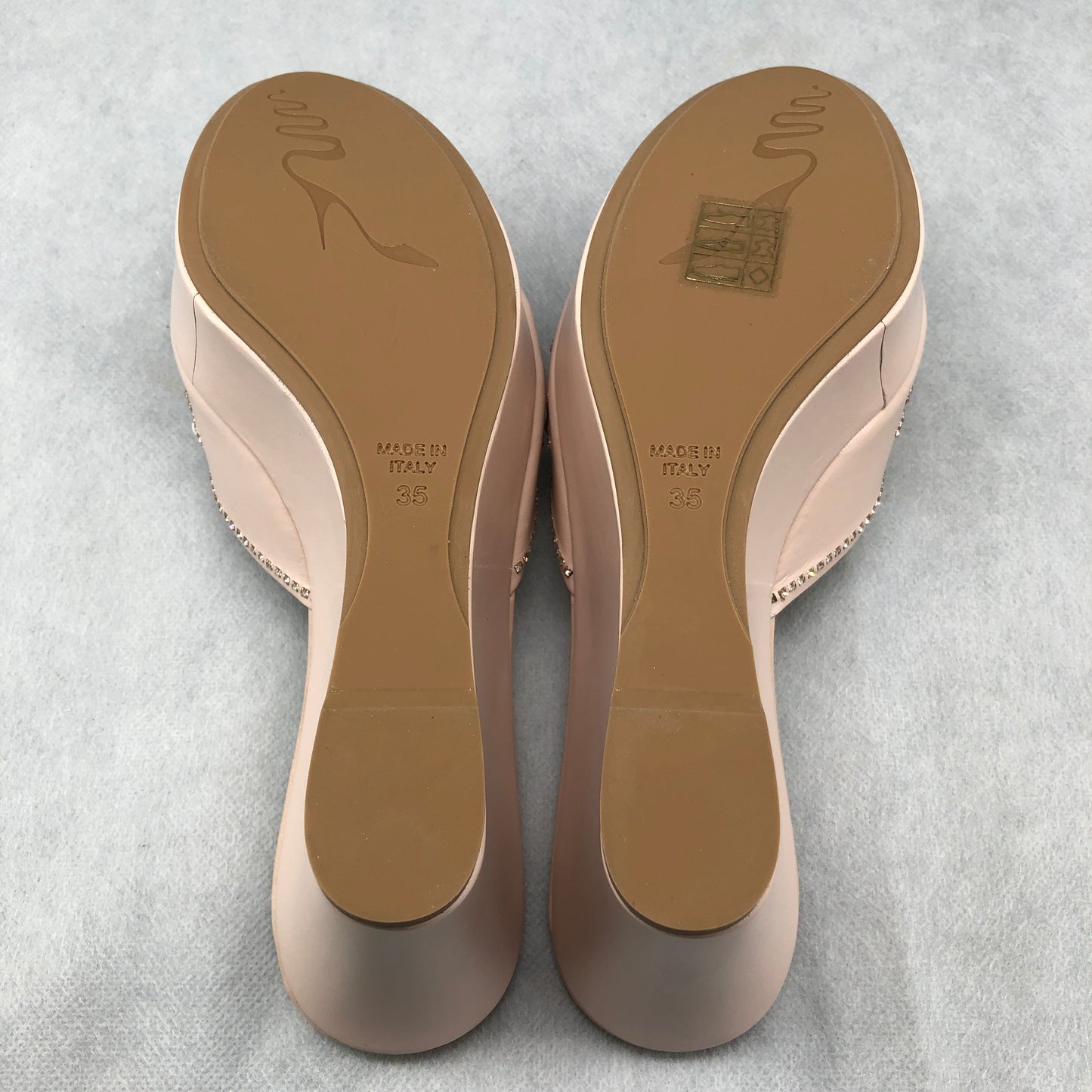 Rene Caovilla Blush Pink Pearl-Embellished Wedge Mules Size 35
