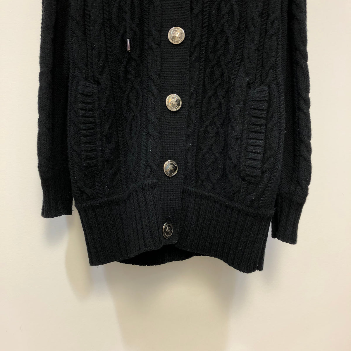 Burberry Black Cable Knit Hooded Cardigan Size 38