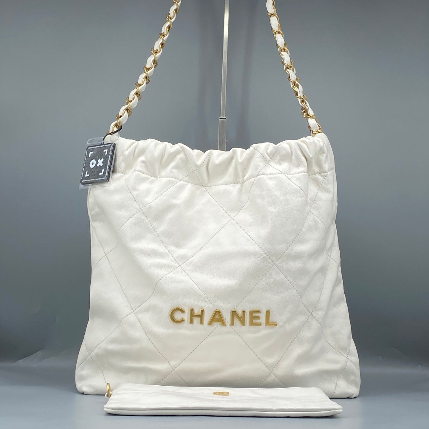 Chanel White Quilted Leather SMALL 22 Bag Tote