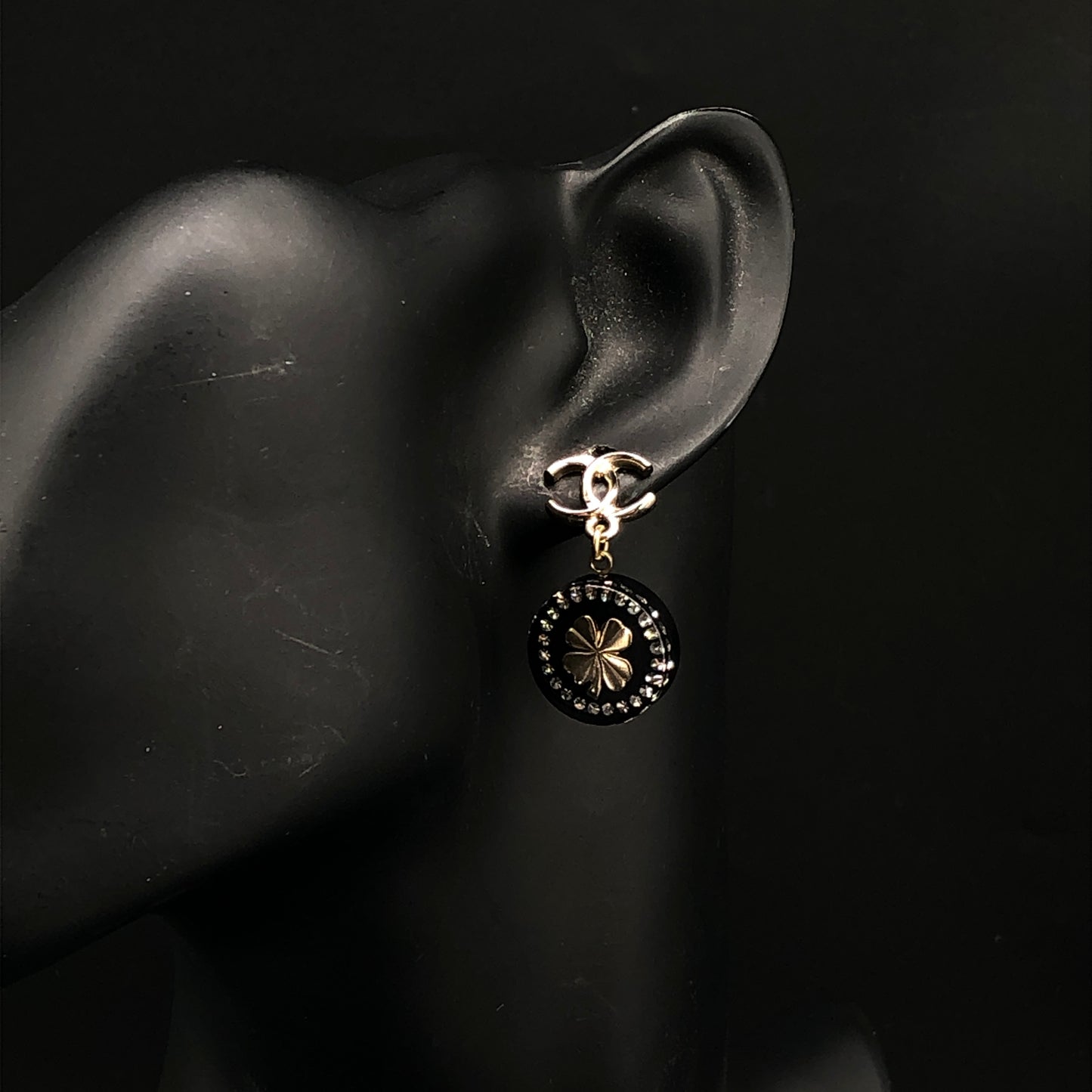 Chanel 2021 Gold Tone Black Enamel Crystal Round Drop Earrings