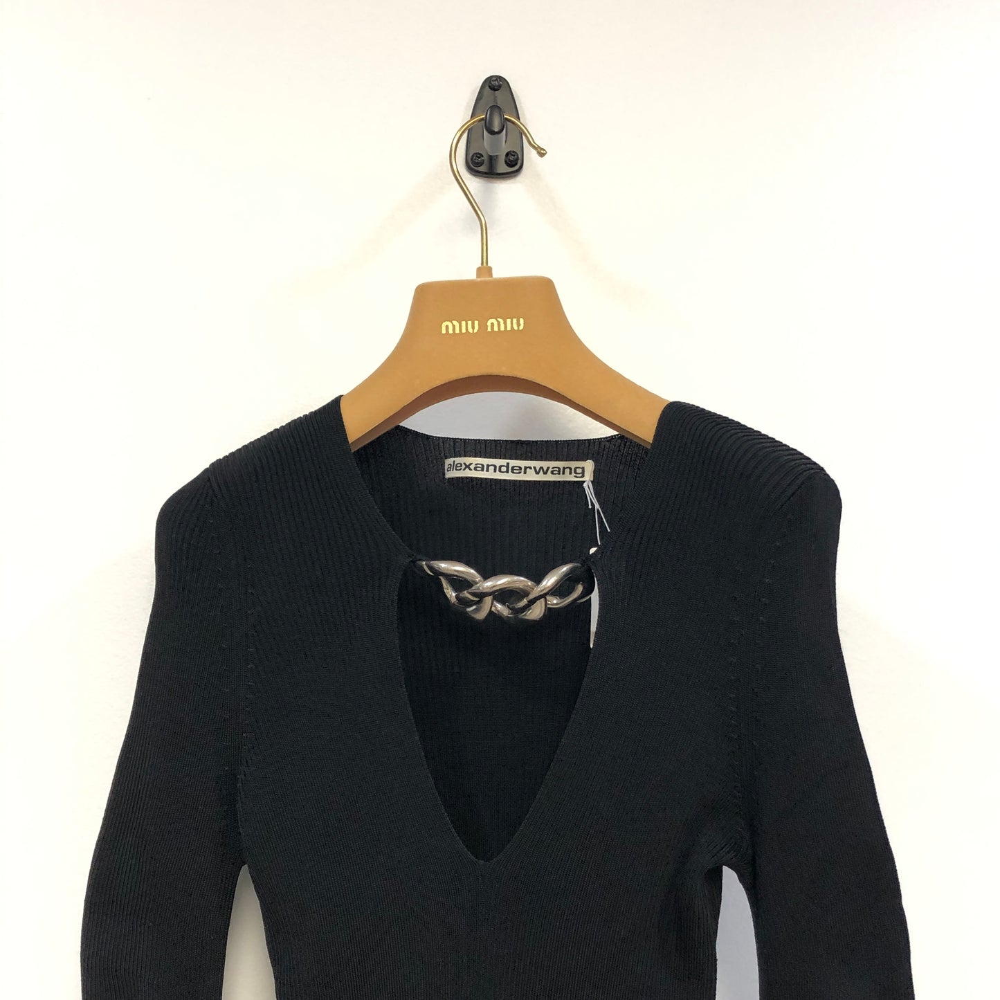Alexander Wang Black Ribbed Knit Deep V Long Sleeve Top Size M