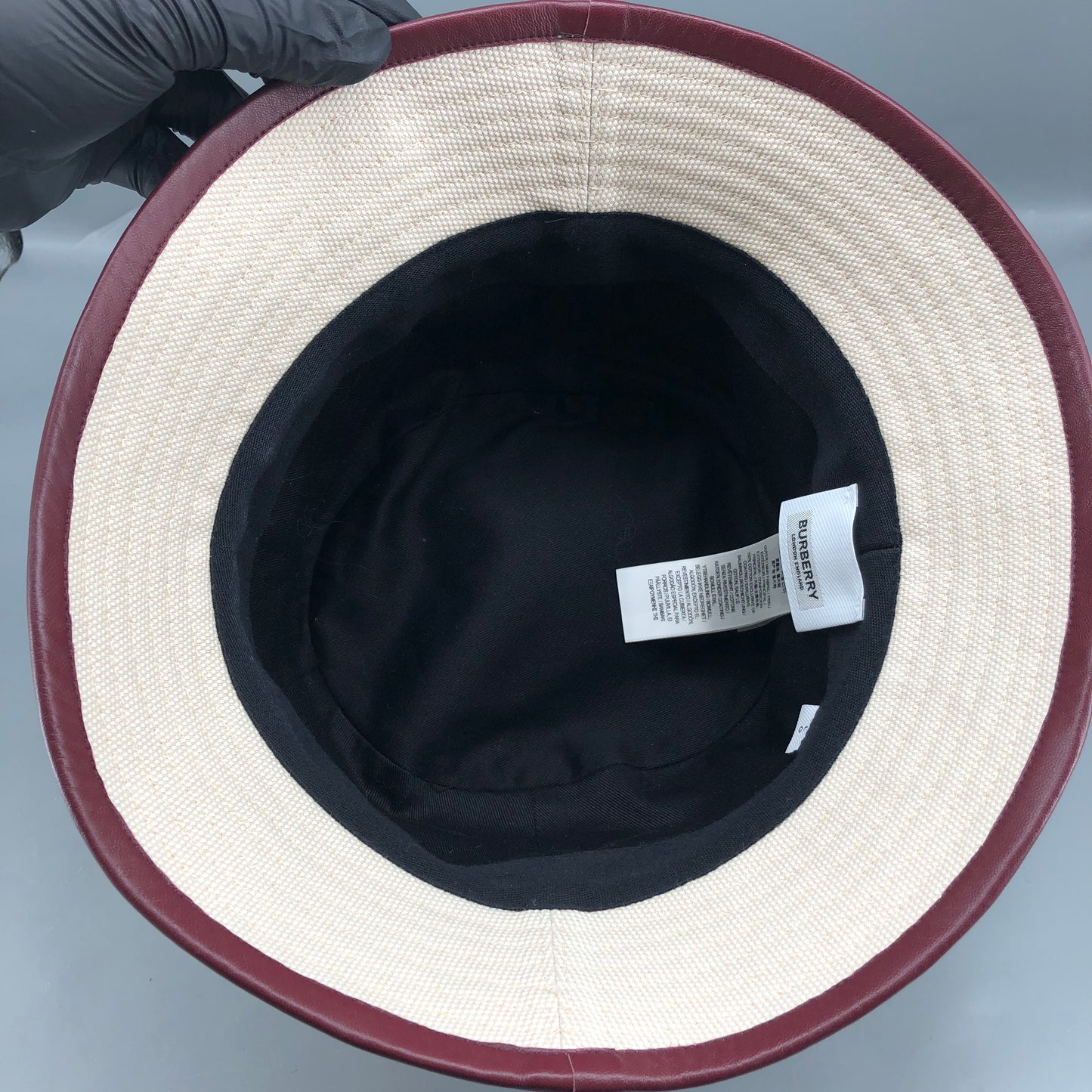 Burberry Cream Wine Red Trim Circle Logo Bucket Hat Size L(59cm)