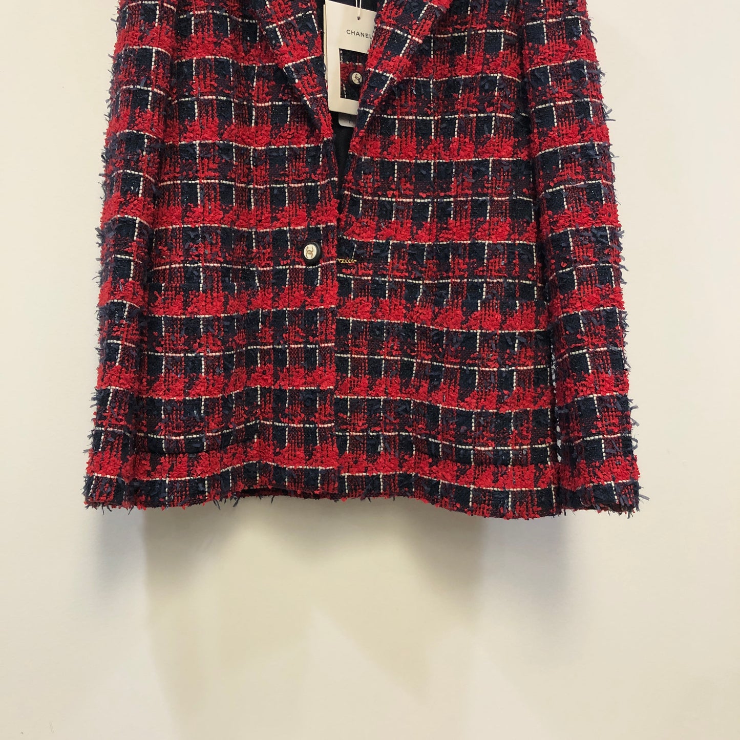Chanel Red & Navy Blue Plaid Tweed Blazer Lapel Collar Size 36