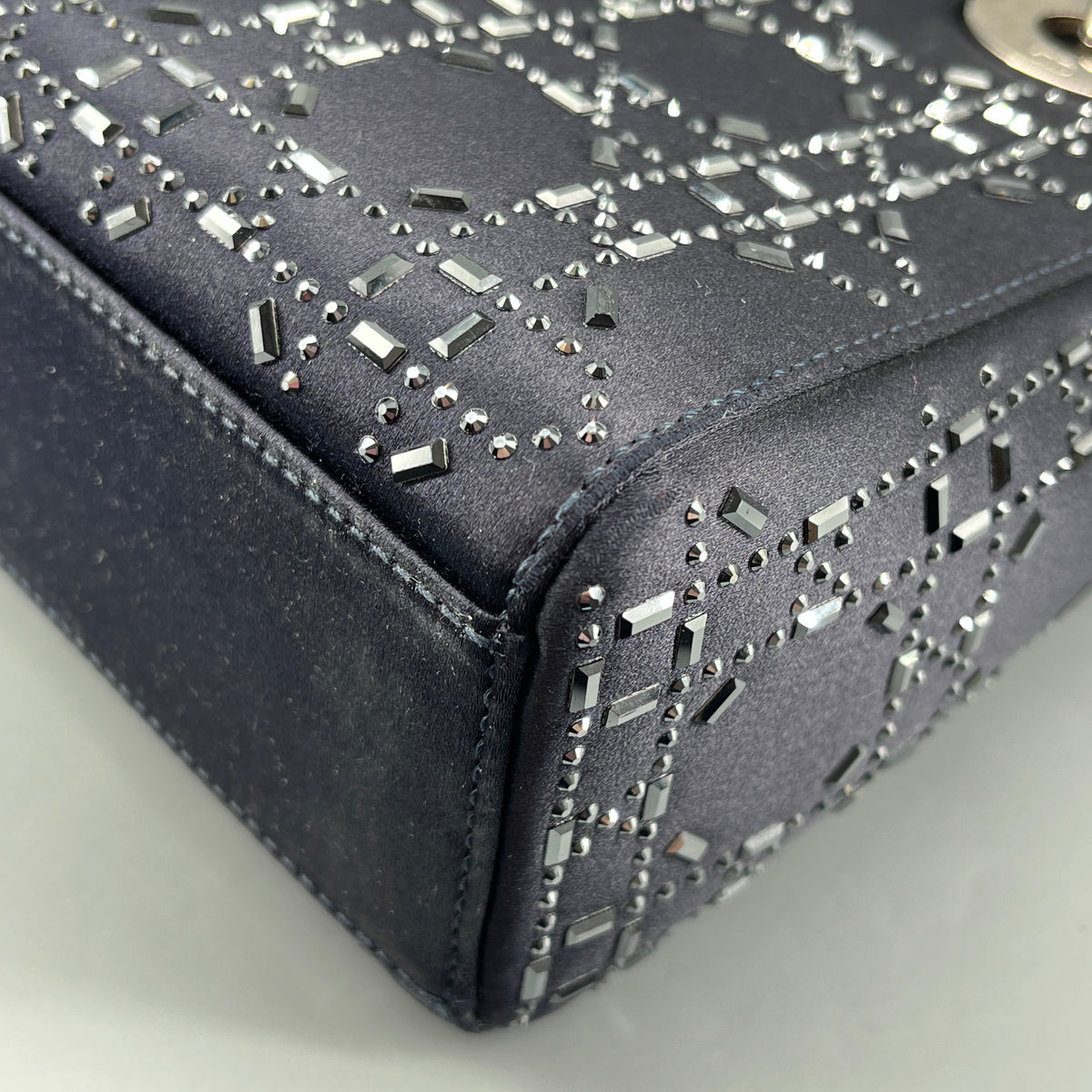 Christian Dior Navy Blue Satin Beaded Lady Dior Handbag