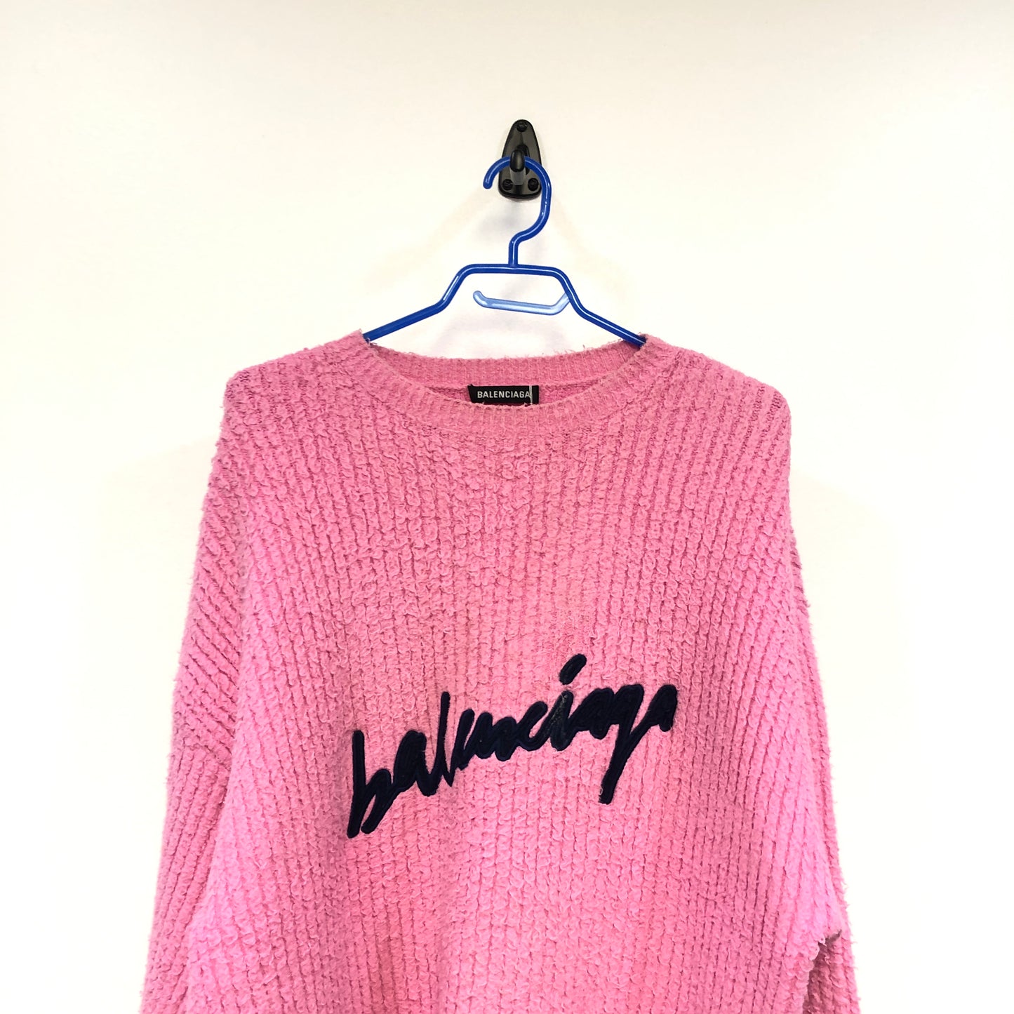 Balenciaga Sage Pink Ribbed Knit Logo Embroidery Oversized Crew Neck Sweater Size S