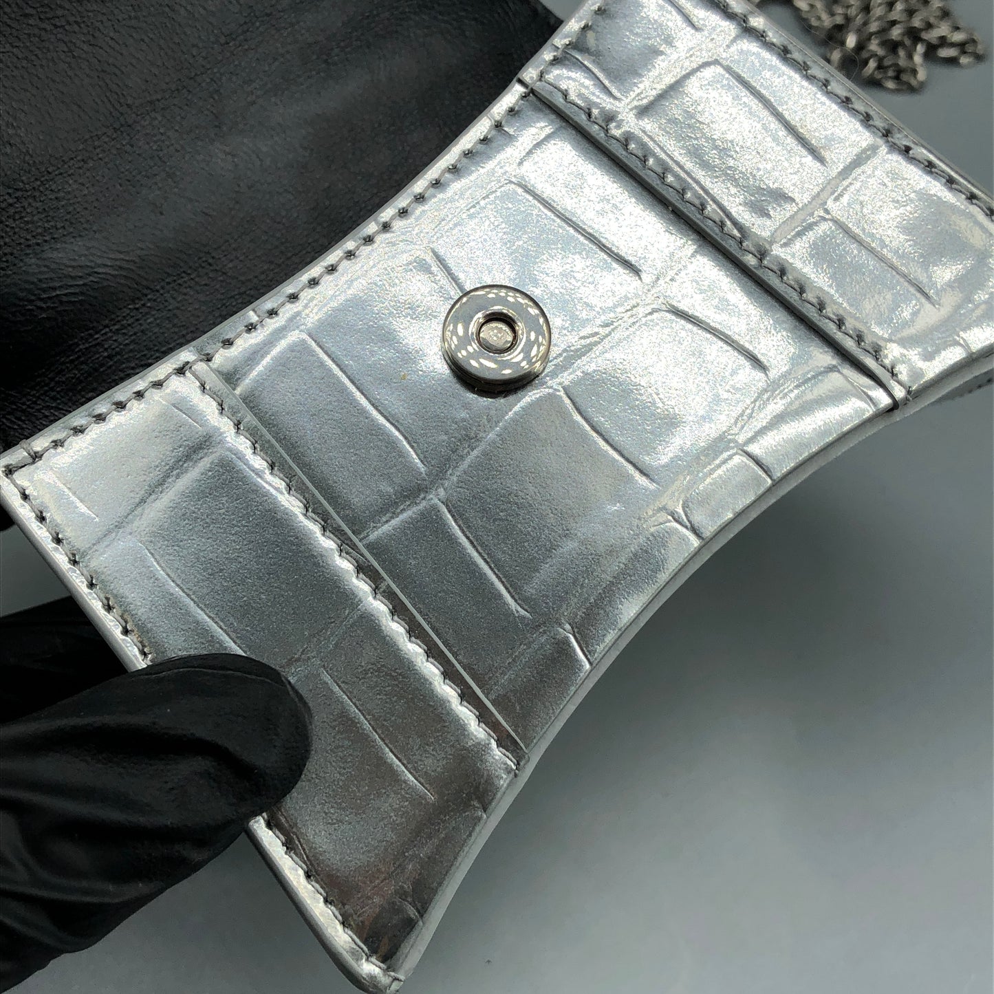 Balenciaga Silver Croc Embossed micro Hourglass Top Handle Bag
