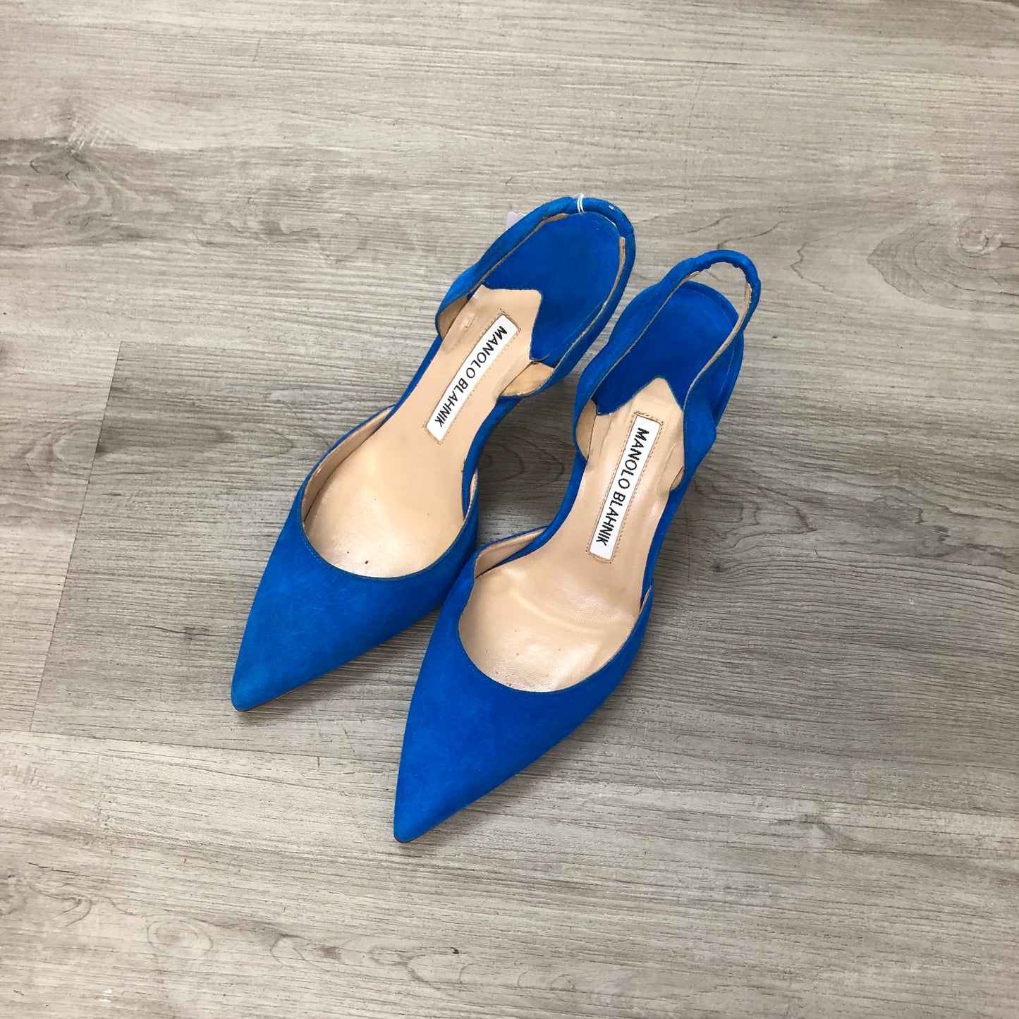 Manolo Blahnik Women's Suede Back Strap Pointed Toe Stiletto Pumps Shoes 35.5 Bright Blue