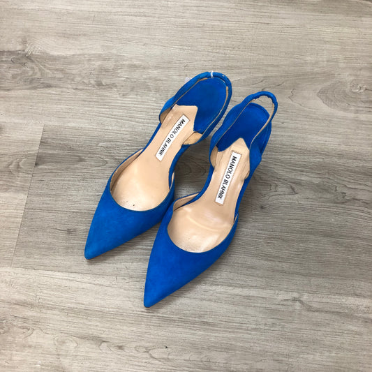 Manolo Blahnik Women's Suede Back Strap Pointed Toe Stiletto Pumps Shoes 35.5 Bright Blue