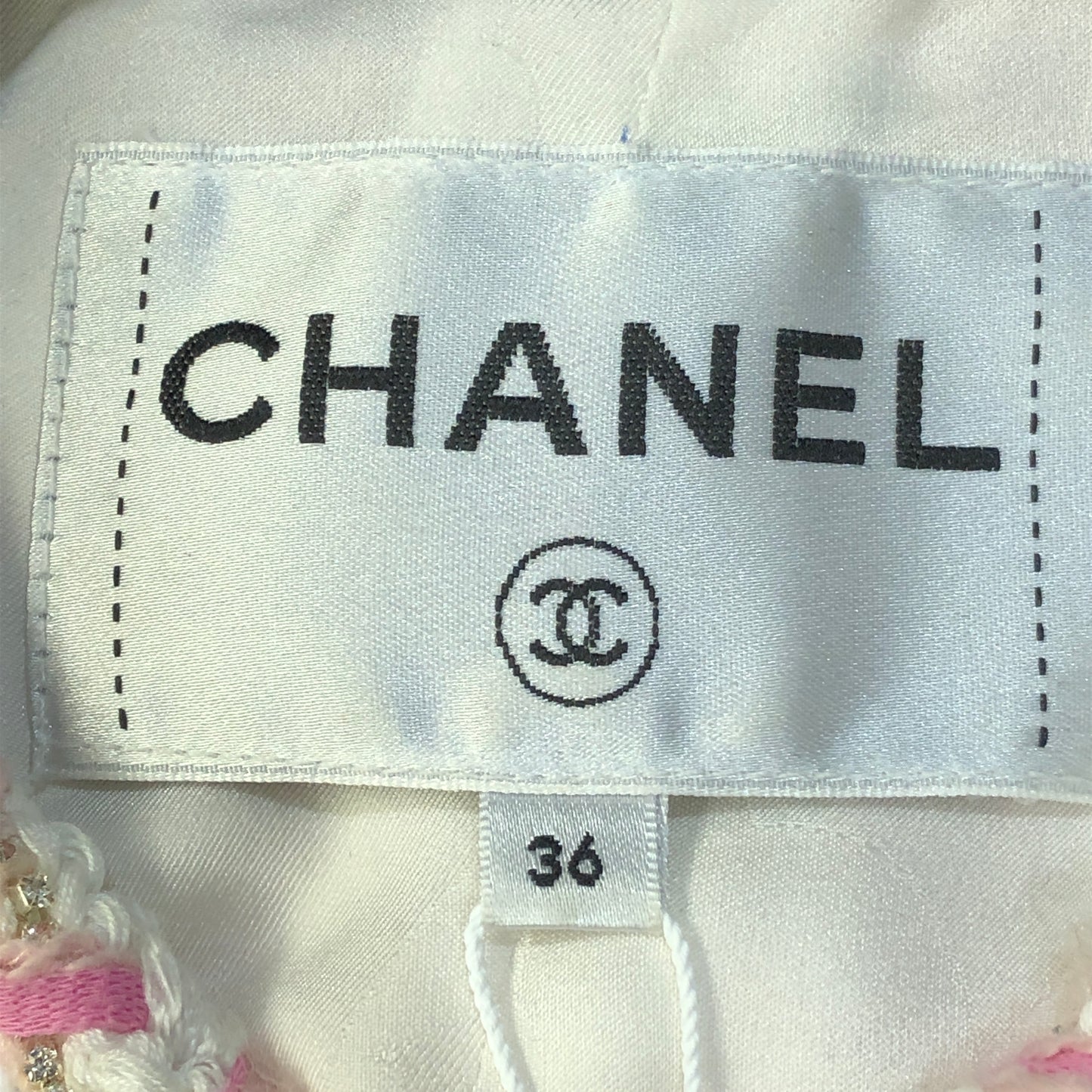 Chanel White & Pink Plaid Tweed Jacket Fringe Trim Size 36